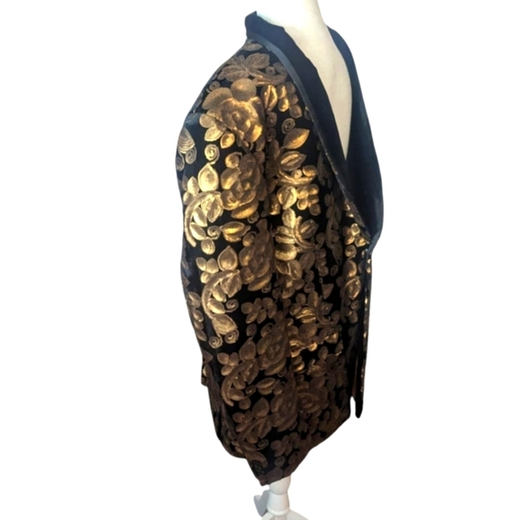 Black Velvet Gold Floral Sequins Modern Harry Styles Inspo Tuxedo Jacket Sz XL - Picture 3 of 12